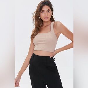 NWOT Forever 21 Ribbed Knit Open Back Crisscross Crop Top Tan Taupe Small